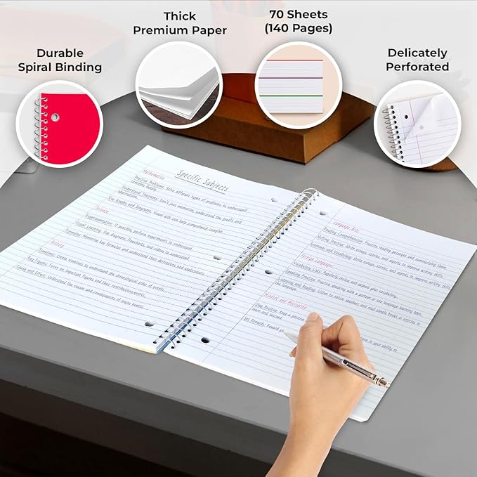 Spiral Notebook, 12 Pack, 1 Subject, College Ruled, 70 Sheets, 8 x 10-1/2", 3 Hole Punched, Bulk College Ruled Spiral Notebook for School, Single Subject Spiral Notebook Bulk, Assorted Colors