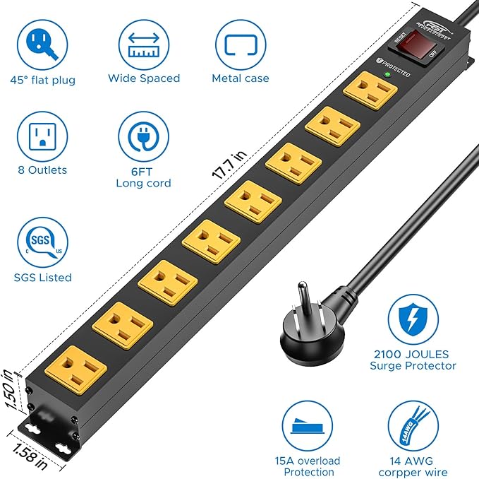CRST 2 Pack 8 Outlet Metal Heavy Duty Power Strip with Switch, 2100J Surge Protector, Mountable Wide Spaced Workshop Garage Power Strip, 6 FT 14AWG, 15A/1875W