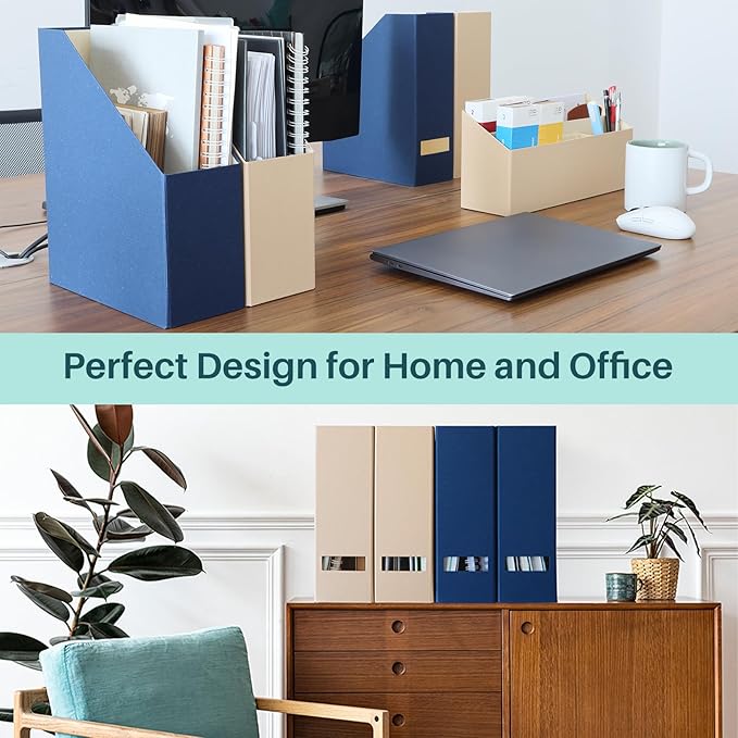 Magazine Holder - File Holder and Desk Organizer, Paperboard Book Organizer and Storage Box for Documents, Magazine Holder Rack for Classroom, Home, and Office (Classic Blue, 4-Pack)
