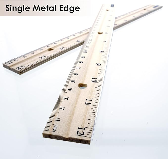 BAZIC Wooden Ruler 12" (30cm), Singel Metal Edge, Inches Centimeter Metric Measuring Drafting Rulers, for Students School Supplies (3/Pack), 1-Pack