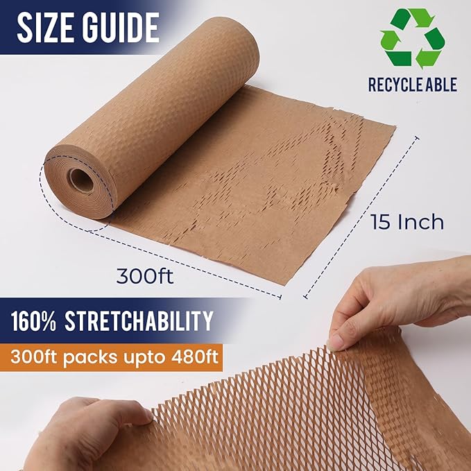 Honeycomb Packing Paper 15" x 300ft with Rope & 20 Fragile Stickers|Shipping & Moving Supplies|Small Business Packaging Supplies|Eco Friendly Bubble Wrap Packing Boxes for Moving Certified FSC C204227