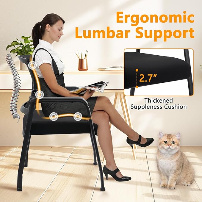Desk Chair No Wheels with Adjustable Mesh Backrest, Arm Chair with Ergonomic Lumbar Support and Thickened Seats Cushion, Waiting Room Chairs for Office School Church Guest Reception, 2PACK
