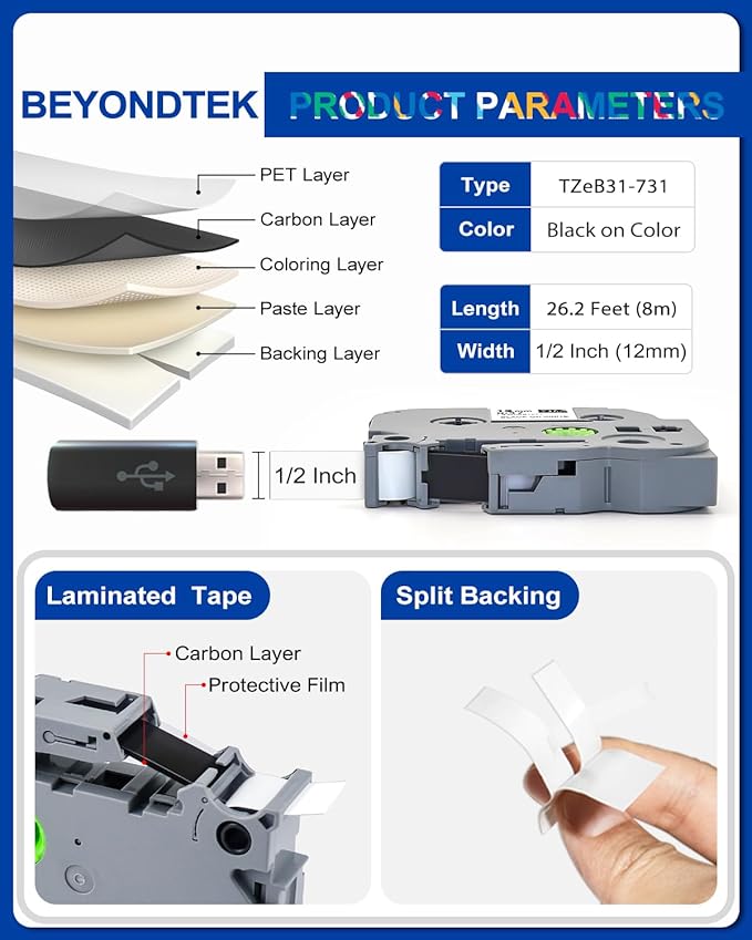 6Pk Replace for Brother Label Maker Tape Work with Brother P Touch Label Tape 12mm 0.47 Laminated Colored TZ 1/2" TZe-B31 TZe-335 TZe431-731 for PT-H103w H110 D210 D400 1180 1280 1890 2040,8m 26.2ft