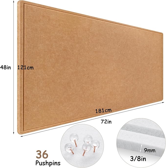 Large Bulletin Board, Foldable 72x48 Inches Cork Board Alternative, Large Felt Board Decorative Pin Board for Wall, Foldable Photo Board Self-Adhesive Vision Board with 36 Pushpins Brown
