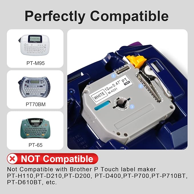 Compatible with Brother P Touch M Tape M-K231 K231s M231 MK-231 MK231 12mm 0.47'' White Label Maker Tape,Replacement for Brother PTouch PT-M95 PT-85 PT-75 PT-65 Label Makers