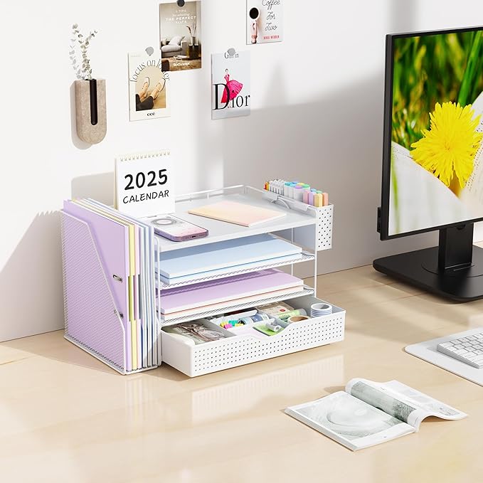 Wood Desk Organizers and Accessories with File Holder, 4-Tier Desk Accessories & Workspace Organizers with Drawer and Pen Holder, Paper Organizer for Office Supplies (White)