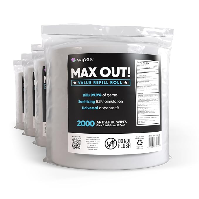 Wipex Max Out Sanitizing Wipes for Fitness Centers - 2000 Wipes Per Roll, Pack of 4, Economy Size Refill Rolls for Dispensers, 5"x8" - Ideal for High Volume Commercial Gyms, Schools & Studios