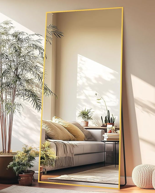 Full-Length Floor Mirror with Stand, 58"x21" Rectangle Style Full Body Standing Mirror for Bedroom, Living Room, Gym, Dorm - Shatter-Resistant & Easy Assembly, Gold