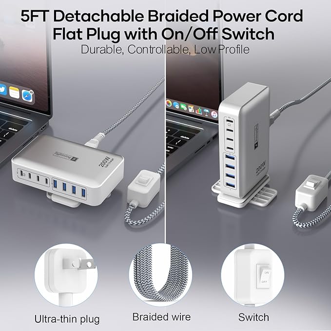 200W Charging Station for Multiple Devices, 8-Port USB C Charger Block Fast Charging, 65W Type C GaN Power Adapter for Cellphones, Tablets, Laptops, Multi Chargers USB Hub Flat Plug