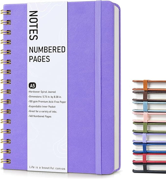 Lined Spiral Journal Notebook, A5 Hardcover Spiral Journals for Women Men, 150 Numbered Pages Spiral Bound Notebook, 100 GSM College Ruled Notebooks for Writing Note Taking 5.75" x 8.38", Purple