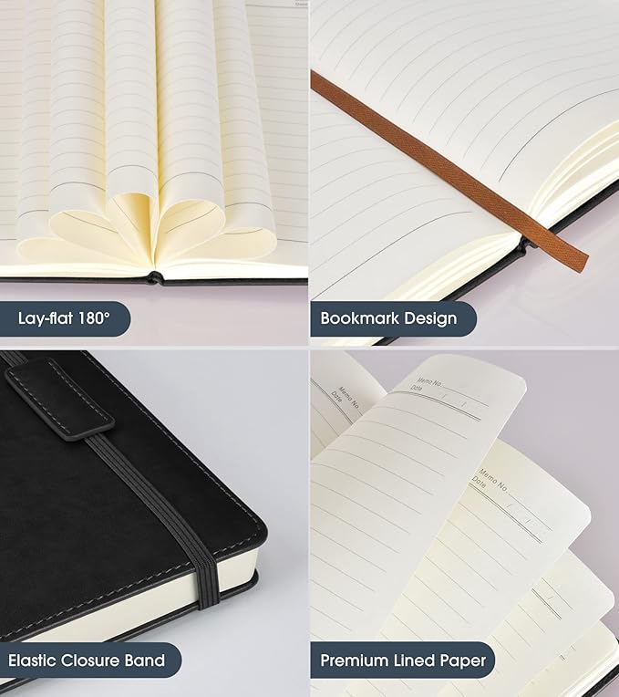 Lined Journal Notebook for Women Men,256 Pages A5 Hardcover Leather Journals for Writing,Travel,Business,Work & School,College Ruled Notebooks for Note Taking,Diary Notepad 5.7"×8.3"(Black)