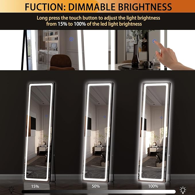 Hasipu Full Length Mirror with Lights, 56" x 16" LED Floor & Wall Mounted, Full Body Dressing Mirror for Bedroom, Living Room, Cloakroom – Round Black