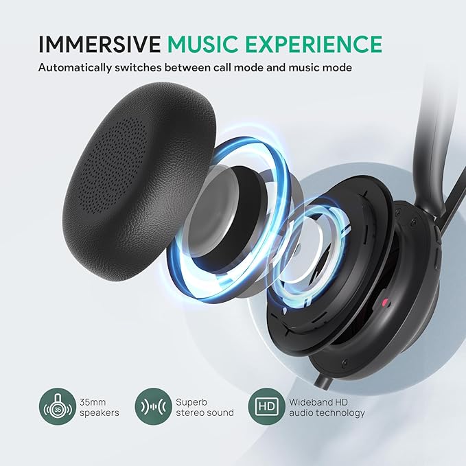 Yealink UH35 USB Headset with Microphone,Mono Wired Headset with Noise Cancelling Mic,Computer Headset Teams Certified,for Home Office Online Meeting Call Center, All Day Comfort
