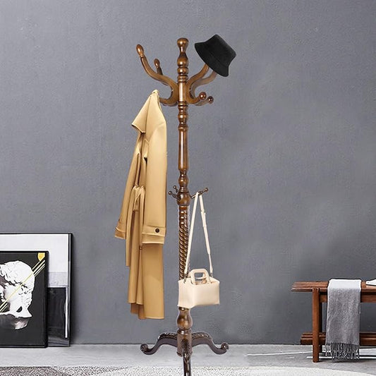 Coat Racks FreeStanding with 11 Hooks, Natural Wood Coat Rack with Tri-Legged Base, Adjustable Height Coat Racks, Easy Assembly for Hallway, Bedroom and Office (Walnut-Tri-Legged Base)