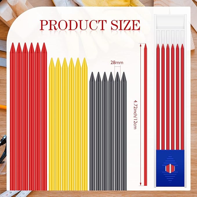 Spakon 60 Pcs 2.8mm Lead Refill Carpenter Construction Pencils Marker Lead Refills Dry Mechanical Woodworking Pencil Tools for Writing Drawing Drafting (Black,Red,Yellow)