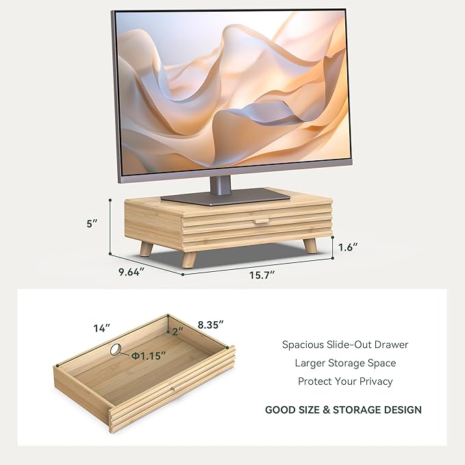 Bamboo Monitor Stand with Drawer - Desk Organizer with Cable Management & Storage, Ergonomic Laptop Riser for Home Office (220lbs Capacity, 15.7 inch ,Natural)