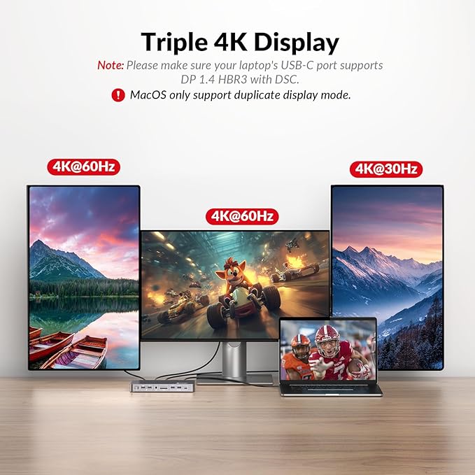 Docking Station Triple Monitor, 4K@60Hz (2 DP + 1 HDMI), 100W Laptop Charging, 10Gbps USB-C/A, Ethernet, Audio, SD, Plug & Play USB-C Dock for MacBook/Chrome/Dell/HP/Lenovo