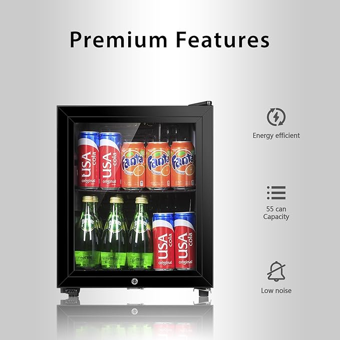 Beverage Refrigerator, 1.3 Cu.Ft, Mini Fridge with Glass Door for Soda Beer, Freestanding Beverage Cooler for Office, Bar, Adjustable Shelving&Adjustable Foot