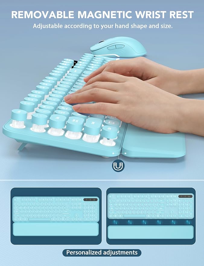 Wireless Keyboard and Mouse Backlit - Typewriter Keyboard with Retro Round Keycaps, Detachable Wrist Rest, Light Up Letters, 2.4G Rechargeable Combo for Mac, Windows, PC, Laptop, Trueque (Aqua Blue)