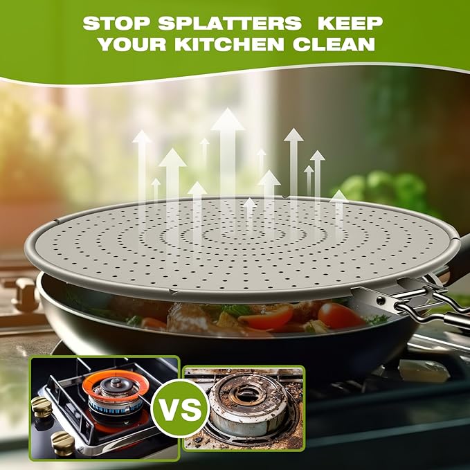 Silicone Splatter Screen for Frying Pan 13 Inch - Grease Splatter Guard with Foldable Handle, Dishwasher Safe & Never Rusts, Fits Most Pans for Stove Top & Bacon Cooking