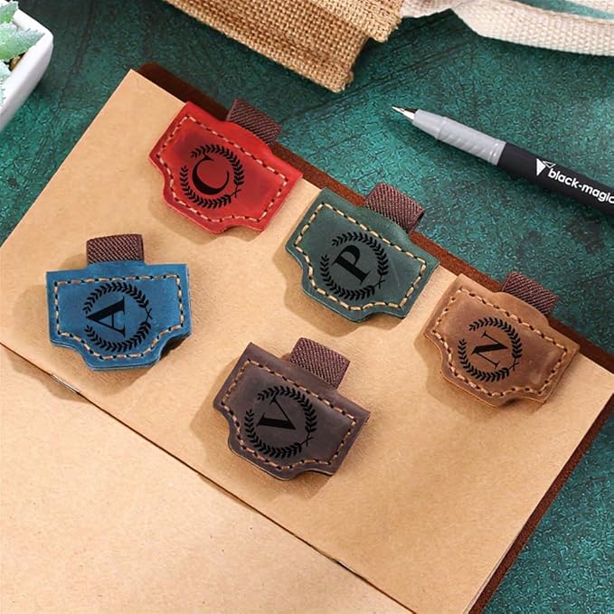 Custom Bookmark with Pen Holder with 26 Letters Personalized Magnetic Leather Book Mark, Customized Name Book Marker Clip with Initial for Men Women, Gifts for Book Lovers, Readers, (Brown, L)