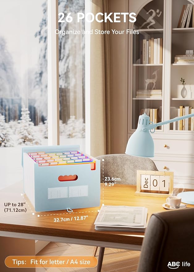 ABC life 26 Pockets Accordian File Organizer Expanding File Folders, Portable Letter A4 Size Filing Box,Plastic Monthly Receipt Document Organizer with Colored Tabs (Light Blue)