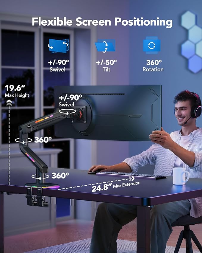 HUANUO RGB Monitor Arm for Ultrawide Screens up to 57″, Heavy-Duty Single Mount Holds 44 lbs, Fully Adjustable Gaming Monitor Arm with C-Clamp & Grommet Base, Max VESA 100 x 100mm