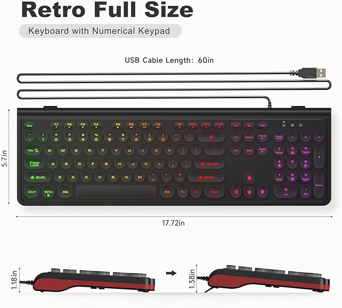 USB Wired Computer Keyboard with Backlit - Full Size Office Keyboard with Number Pad, Caps Indicators, Foldable Stands, for PC Laptop Desktop Windows 7 8 10 11 (Black)
