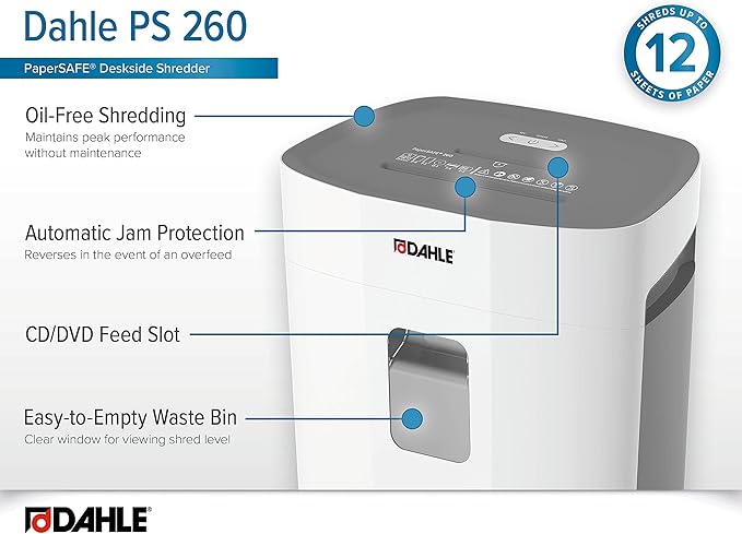 Dahle PaperSAFE PS 260 Paper Shredder, Oil Free, Jam Protection, Security Level P-4, 12 Sheet Max, Shreds CDs, Staples, Paper Clips & Credit Cards