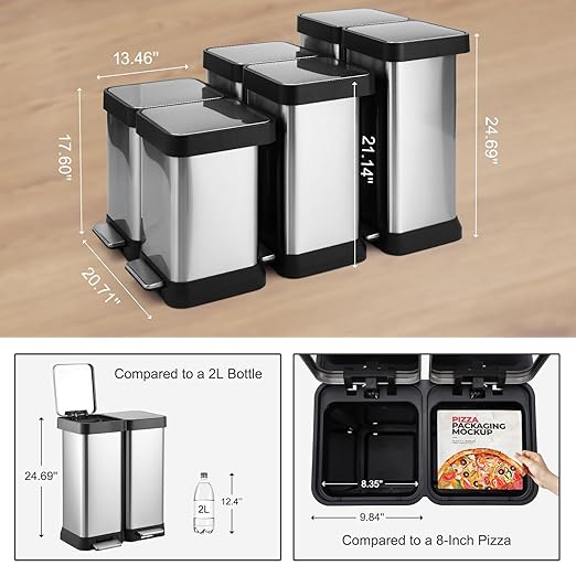 16 Gallon Dual Compartment Trash Can, 2 x 30L Fingerprint Resistant Stainless Steel Kitchen Garbage Can with 2 Soft-Close Lid & Foot Pedal for Kitchen Office Bathroom, Without Inner Bucket