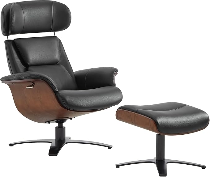 CHITA Genuine Leather Reclining Swivel Chair with Adjustable Headrest and Ottoman for Living Room, Black