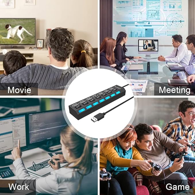 Multi Port Splitter, 7 Port USB 2.0 Hub, USB A Port Data Hub with Independent On/Off Switch and LED Indicators, Lights for Laptop, PC, Computer, Mobile HDD, Flash Drive and More (Black 2.0)