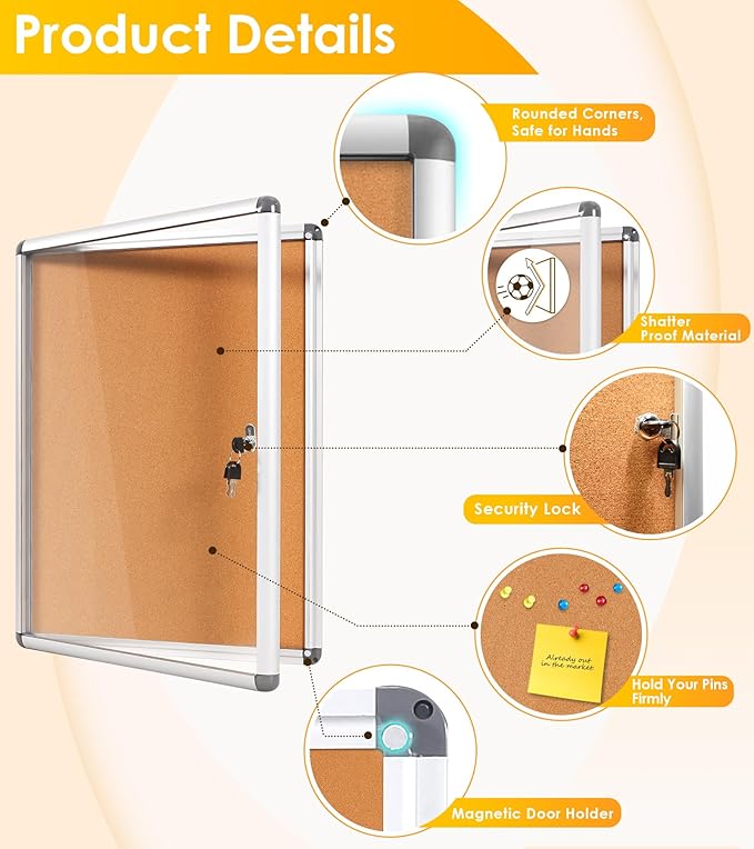 S SWANCROWN Enclosed Bulletin Board 24x18 in, Tamperproof Lockable Cork Board Wall Display Case for Office School Home, Aluminum Frame