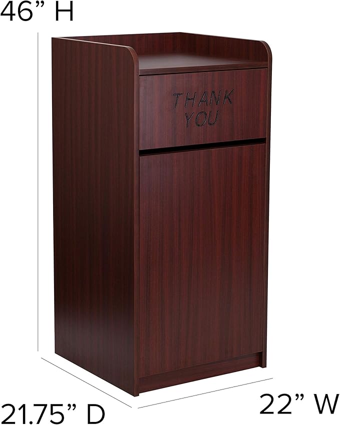 Flash Furniture Sony Laminate Wood Commercial-Grade Trash Receptacle with Tray Top, Wooden Restaurant Trash Can Garbage Receptacle, Mahogany