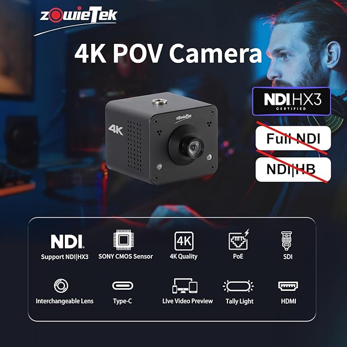 4K Native NDI HX3 POV Webcam Camera PoE, ZowieCAM, Simultaneously HDMI & SDI Output, RTSP/RTMP(s)/SRT, Standalone Live Streaming to YouTube/Twitch for Webcast, Meeting, Teaching & Gaming (M12)