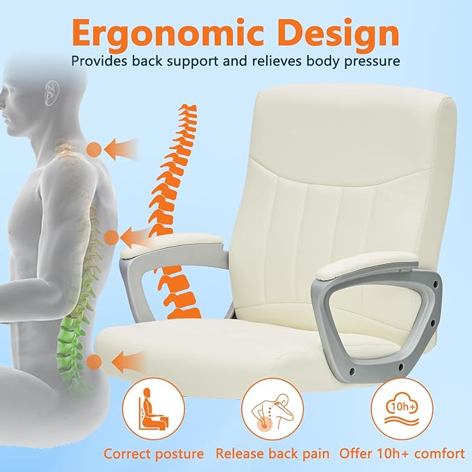 CLATINA Office Computer Desk Chair Executive Mid Back Chair Comfortable Ergonomic Managerial Chair Adjustable PU Leather Home Office Desk Chair Swivel, White 4PK