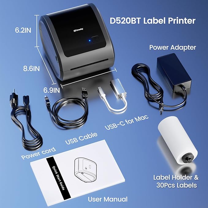 Bluetooth Thermal Label Printer 4x6 - D520BT Thermal Shipping Label Printer for Small Business, Wireless Label Printer with Built-in Label Holder, Compatible with USPS, Shopify