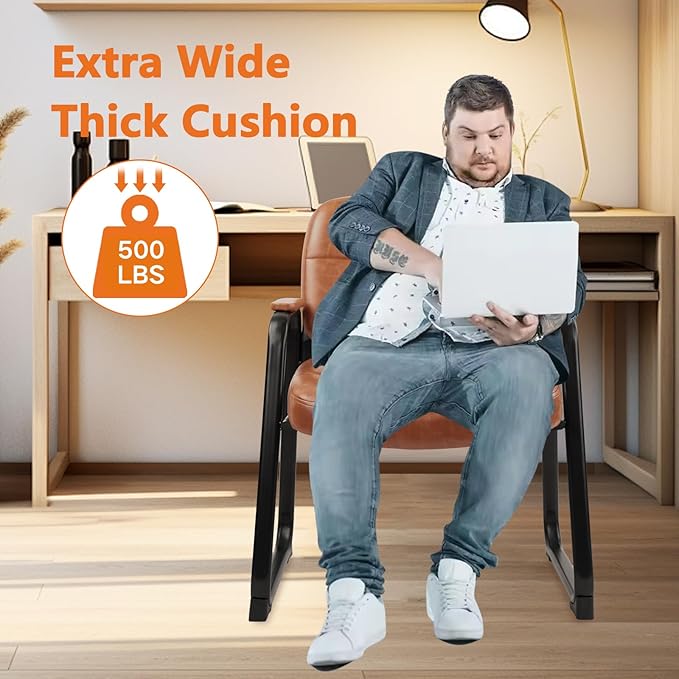 CLATINA Big & Tall 500 lbs Waiting Room Chairs with Padded Armrests and Sled Base, Leather Stationary No Wheels Office Guest Chair for Reception Lobby Home and Meeting Conference, Brown (2 Pack)