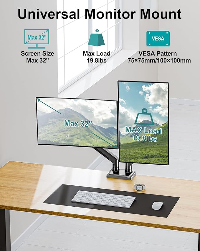 Dual Monitor Desk Mount - Adjustable Monitor Arm for 2 Monitors up to 32 inches/19.8 lbs, Double Monitor Desk Stand VESA Bracket with C-Clamp & Grommet Mounting, Swivel Computer Screen Mount, Freelift