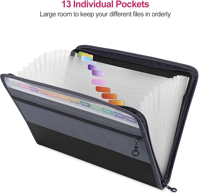 MEGREZ Expanding File Folder with 13 Pockets, 2 Pack A4 Paper File Folder with Zipper Color Labels, Waterproof Accordion File Folder Organizer for Home Office, Blue & Black