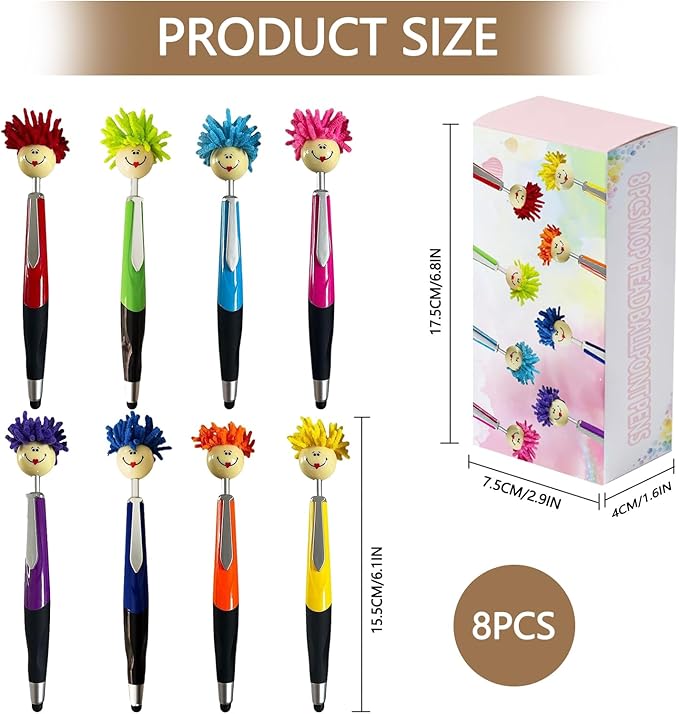 Pens,Funny Mophea Topper Pens,8pcs Mop Head Ballpoint Pens,with Plush Hair Writing Click Pen Portable Cute Cartoon Multi-function Signing Pen Decor Gift for Office Home