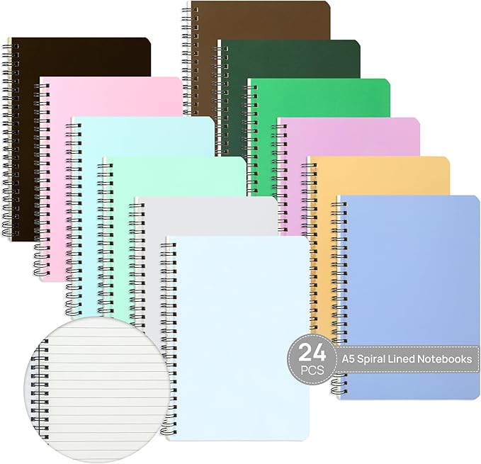 miikoul 24 Pack A5 Spiral Lined Notebooks, 8.3" X 5.5", 60 Sheets/120 Pages Wide Ruled Notebook Spiral Journals Bulk Paper Cover Notepad 12 Colors for Students Taking Class Notes Home Office Gift