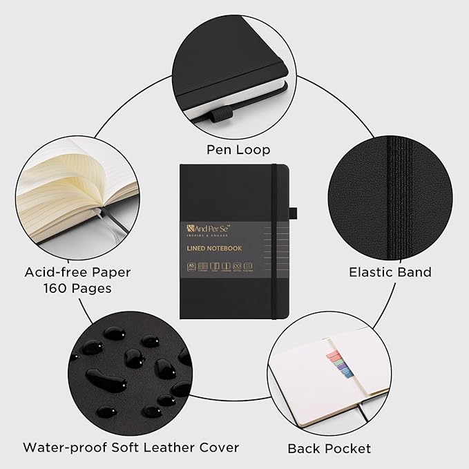 A5 Lined Leather Journal and Pen Set for Women&Men, Gift Box Included, Hardcover Notebook with 160 Pages 100GSM Thick Paper, for Work, Business, School or Home Writing(Black)