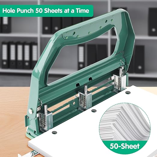 AFMAT Heavy Duty 3 Hole Punch, 50-Sheet, 50% Reduced Effort, Adjustable Two & Three Hole Punch, Metal Paper Puncher w/Large Chip Tray, Metal Paper Guide, Green