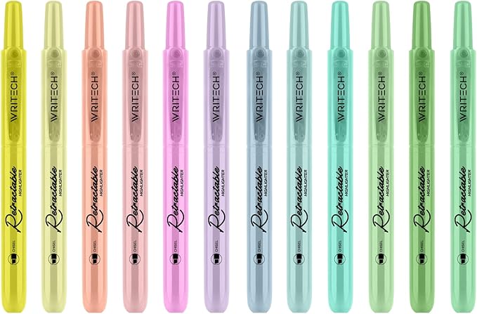 WRITECH Retractable Highlighters Assorted Colors: Chisel Tip Click Aesthetic Highlighter Marker Pens Pack Multi Colored Ink No Bleed Smear for Highlighting Journaling (12ct Neutral)