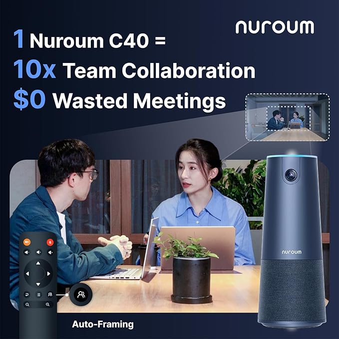 NUROUM C40(2nd Gen) 2K Video Conference Webcam with Microphone and Speaker, 5X Zoom, 4 Noise Cancelling Mics Conference Room Camera, 120°Ultra Wide Angle, 16ft Voice Pickup, for Zoom/Skype/Teams