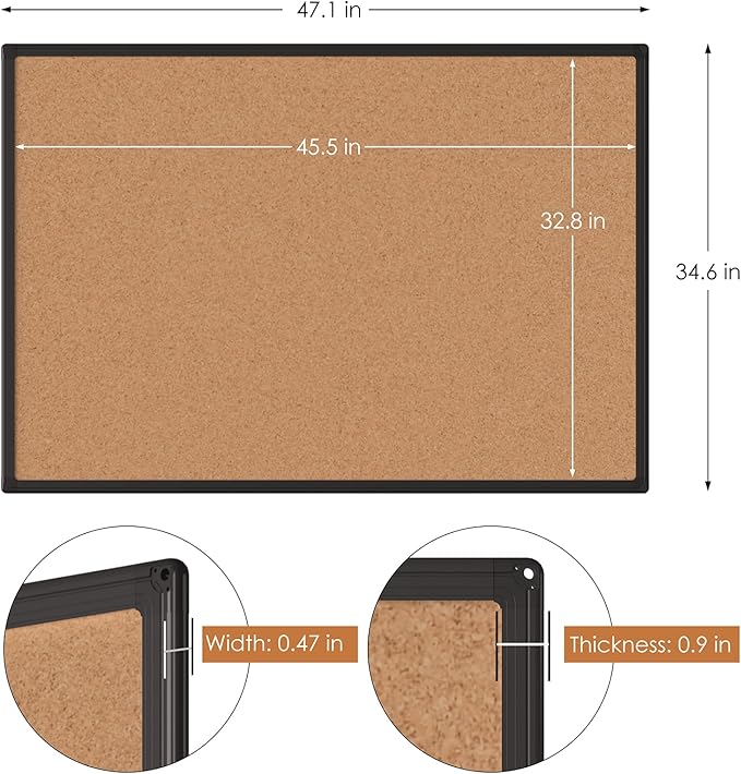 Board2by Bulletin Board 48 x 36, Black Aluminium Framed 4x3 Corkboard , Large Wall Mounted Notice Board with 18 Push Pins for School, Home & Office