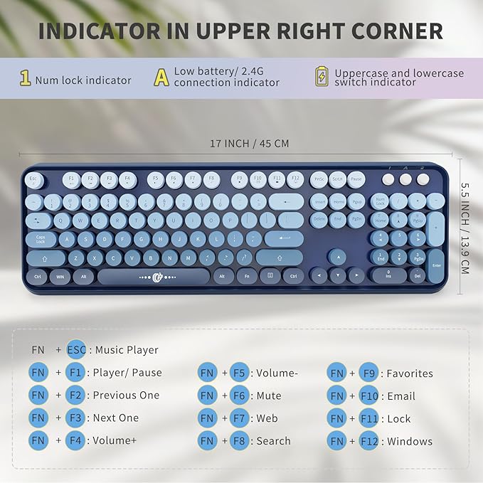 FOPETT Wireless Keyboard and Mouse Combo - 2.4G Full-Sized Cute Colorful Mouse and Keyboard with 104 Round Keys Retro Typewriter Keyboard for Laptop/Windows/PC - Blue Gradient