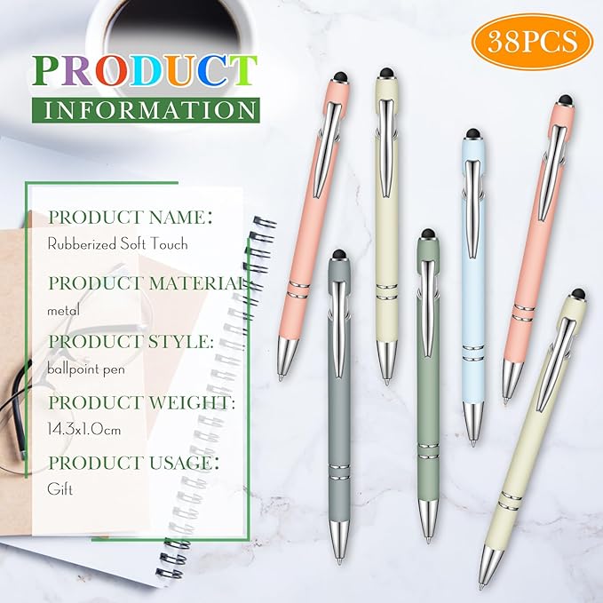 Zonon 38 Pieces Rubberized Ballpoint Pen with Stylus Tip Stylish Metal Pen Capacitive Styli with Soft Rubberized Grip, Black Ink for Most Devices(Morandi Colors)