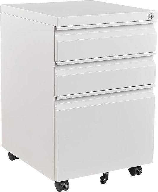 3 Drawer Mobile Metal File Cabinet, White Filling Cabinets with Lock, Pre-Built Office Storage File Cabinet with Wheels Under Desk - Assembled Required